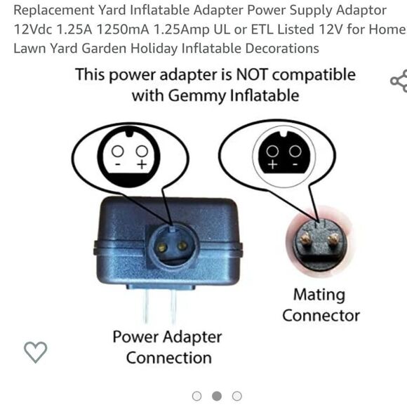 Replacement Yard Inflatable Adapter Power Supply Adaptor 12Vdc 1.25A 1250mA 1.25 - Picture 9 of 10